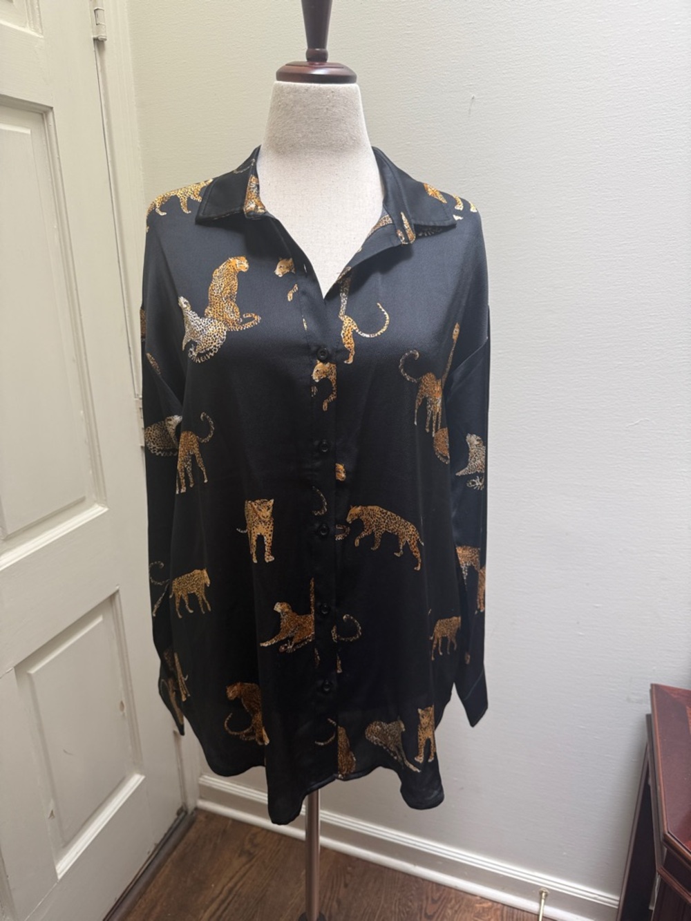 Mazik Black Button-Up Shirt with Gold Leopard Motif